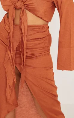 PrettyLittleThing Plus Linen Look Drape Front Midi Skirt Rust