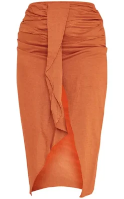 PrettyLittleThing Plus Linen Look Drape Front Midi Skirt Rust