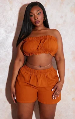 Best PrettyLittleThing Plus Linen Look Ruffle Hem Bandeau Crop Top Rust