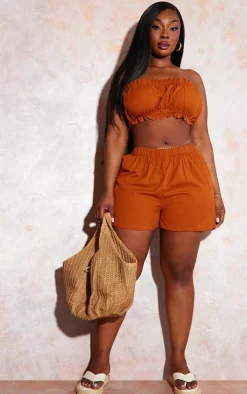 Best PrettyLittleThing Plus Linen Look Ruffle Hem Bandeau Crop Top Rust