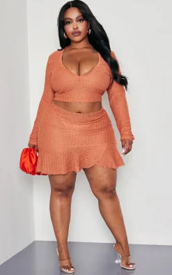 PrettyLittleThing Plus Textured Frayed Detail V Neck Long Sleeve Top Rust