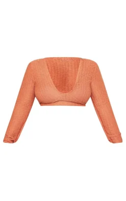 PrettyLittleThing Plus Textured Frayed Detail V Neck Long Sleeve Top Rust
