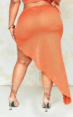 New PrettyLittleThing Plus Textured Knit Ruched Midi Skirt Rust