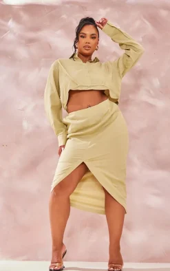 Best PrettyLittleThing Plus Linen Look Split Front Midi Skirt Sage Green