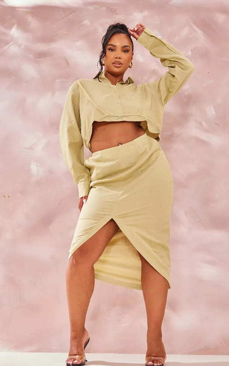 Best PrettyLittleThing Plus Linen Look Split Front Midi Skirt Sage Green