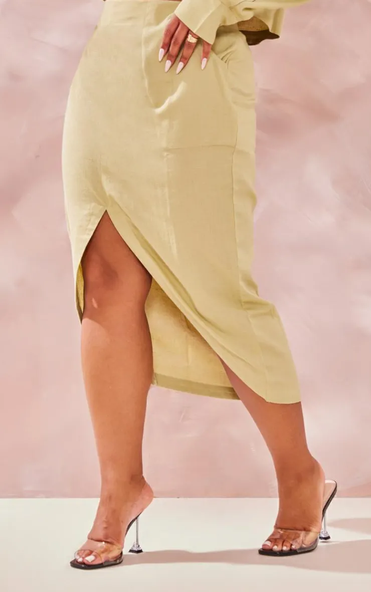 Best PrettyLittleThing Plus Linen Look Split Front Midi Skirt Sage Green