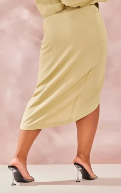 Best PrettyLittleThing Plus Linen Look Split Front Midi Skirt Sage Green