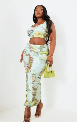 Best PrettyLittleThing Plus Printed Bengaline Ruched Midi Skirt Sage Green