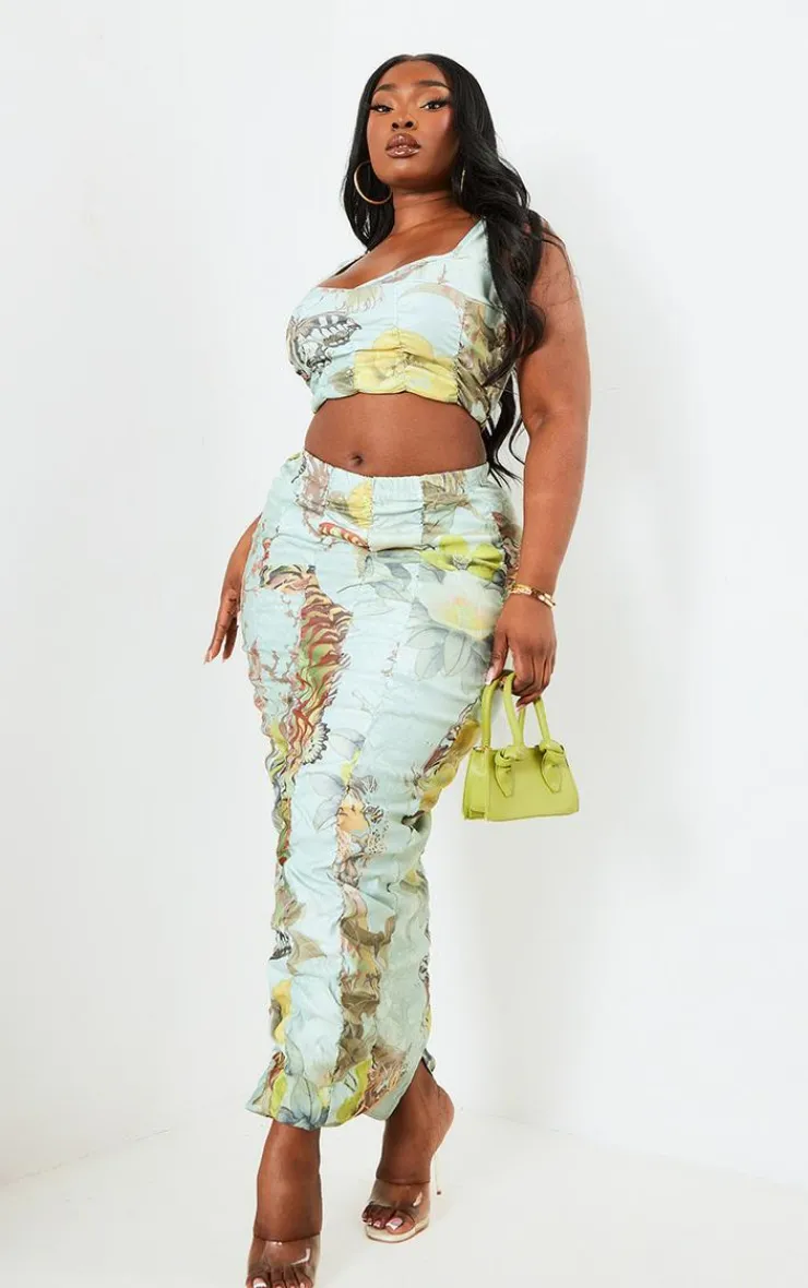 Best PrettyLittleThing Plus Printed Bengaline Ruched Midi Skirt Sage Green