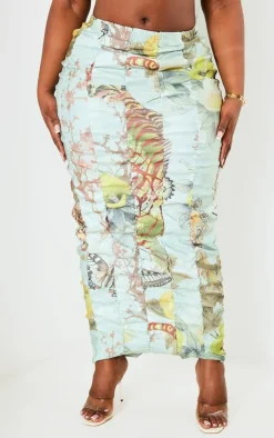 Best PrettyLittleThing Plus Printed Bengaline Ruched Midi Skirt Sage Green
