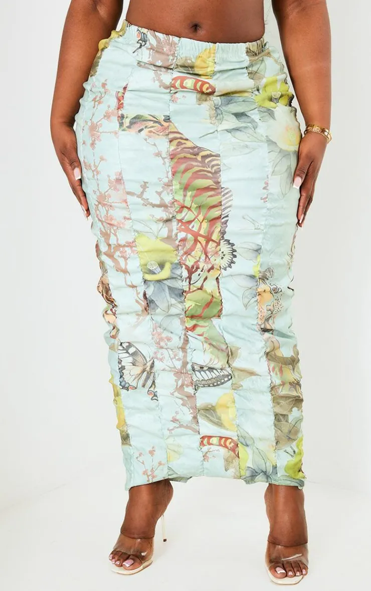 Best PrettyLittleThing Plus Printed Bengaline Ruched Midi Skirt Sage Green