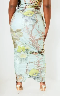 Best PrettyLittleThing Plus Printed Bengaline Ruched Midi Skirt Sage Green