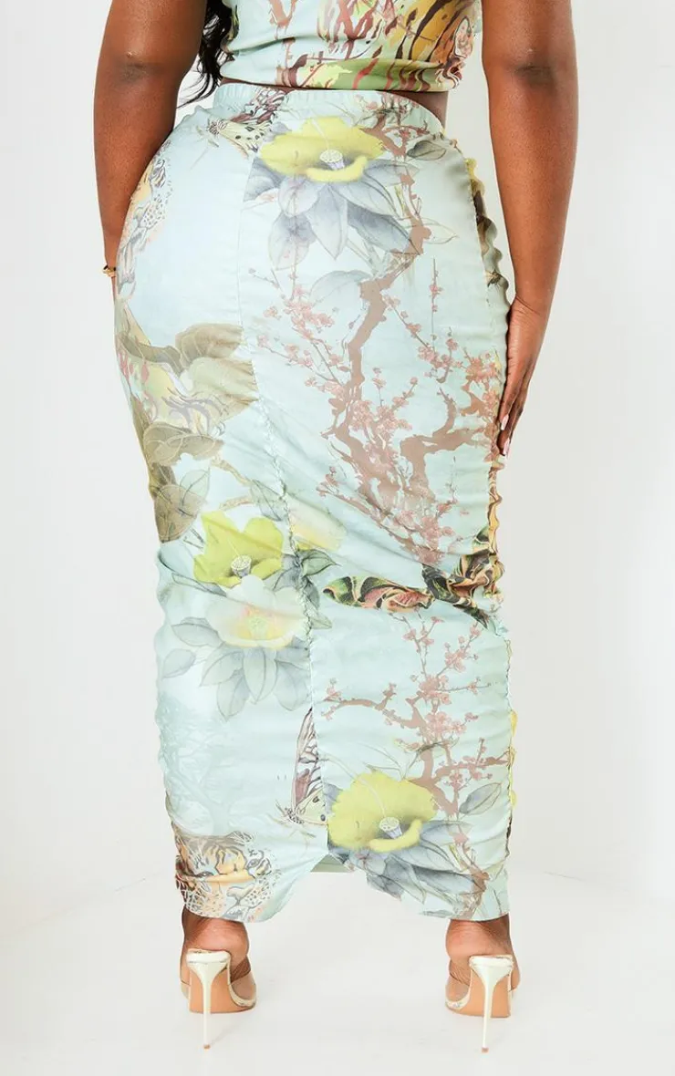 Best PrettyLittleThing Plus Printed Bengaline Ruched Midi Skirt Sage Green