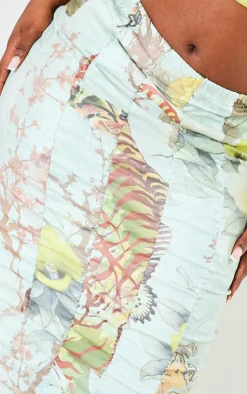 Best PrettyLittleThing Plus Printed Bengaline Ruched Midi Skirt Sage Green