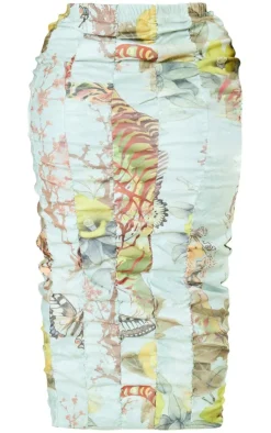 Best PrettyLittleThing Plus Printed Bengaline Ruched Midi Skirt Sage Green