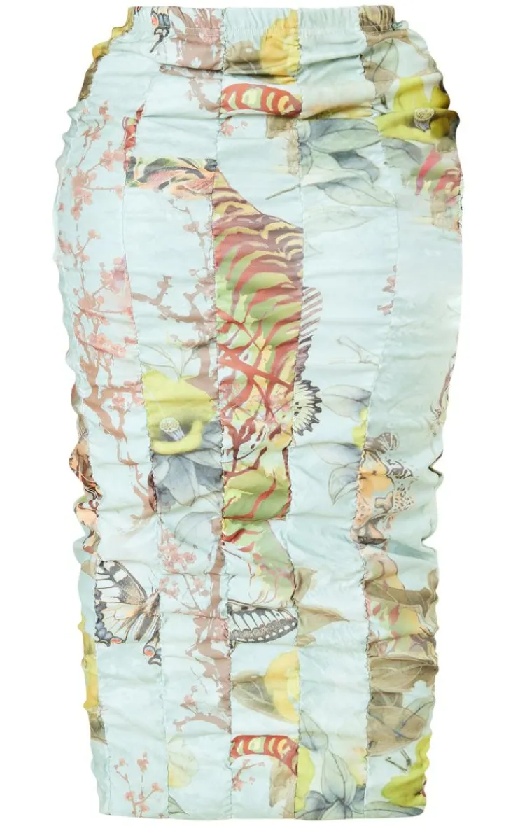 Best PrettyLittleThing Plus Printed Bengaline Ruched Midi Skirt Sage Green
