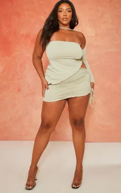 Discount PrettyLittleThing Plus Slinky Asymmetric Hem Mini Skirt Sage Green