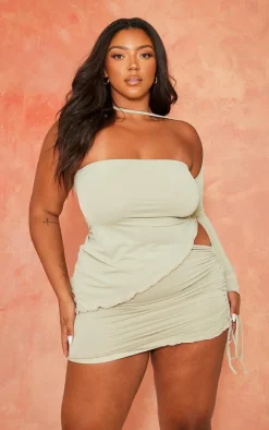 Discount PrettyLittleThing Plus Slinky Asymmetric Hem Mini Skirt Sage Green