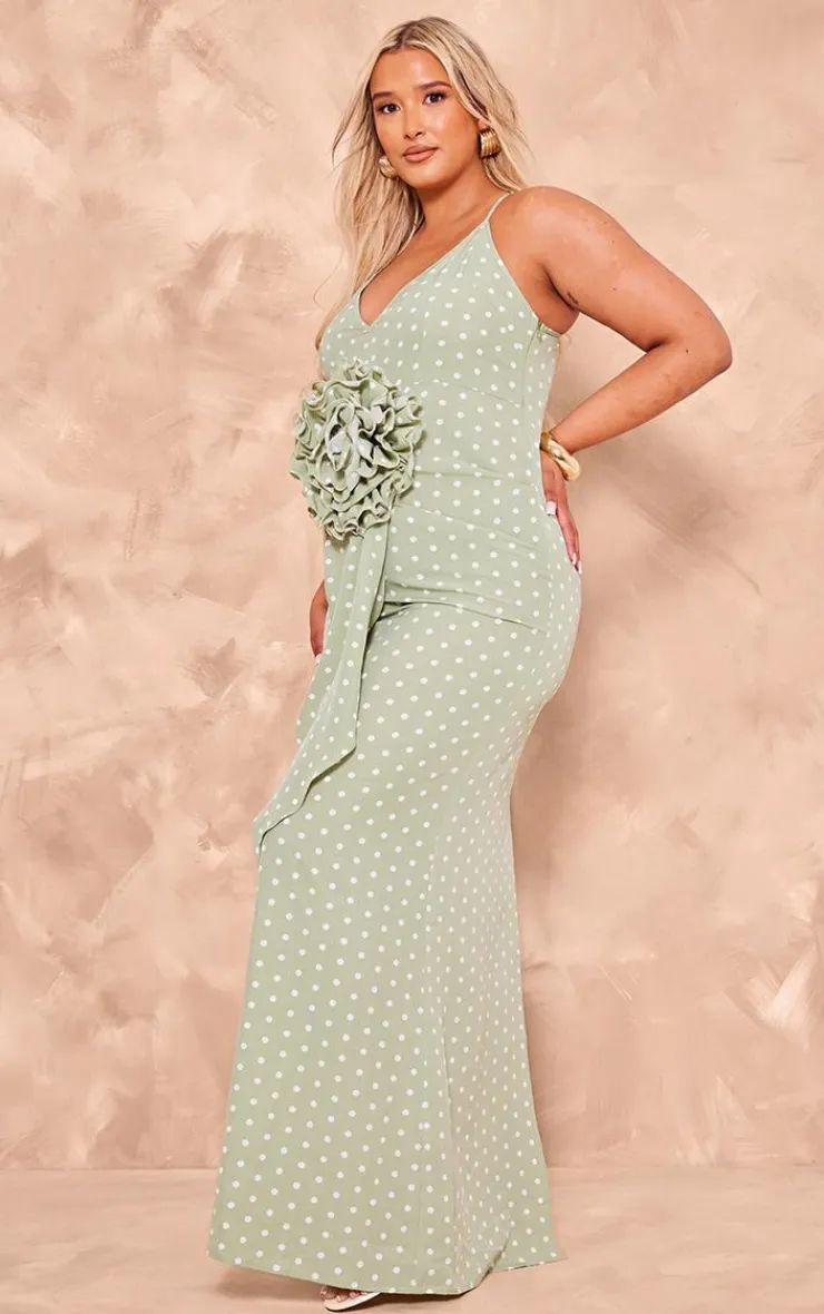 Plus Polka Dot Satin Rose Detail Maxi Dress-PrettyLittleThing Outlet