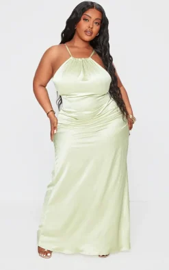 Plus Satin Strappy Ruched Side Midi Dress-PrettyLittleThing
