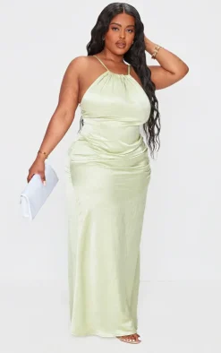 Plus Satin Strappy Ruched Side Midi Dress-PrettyLittleThing
