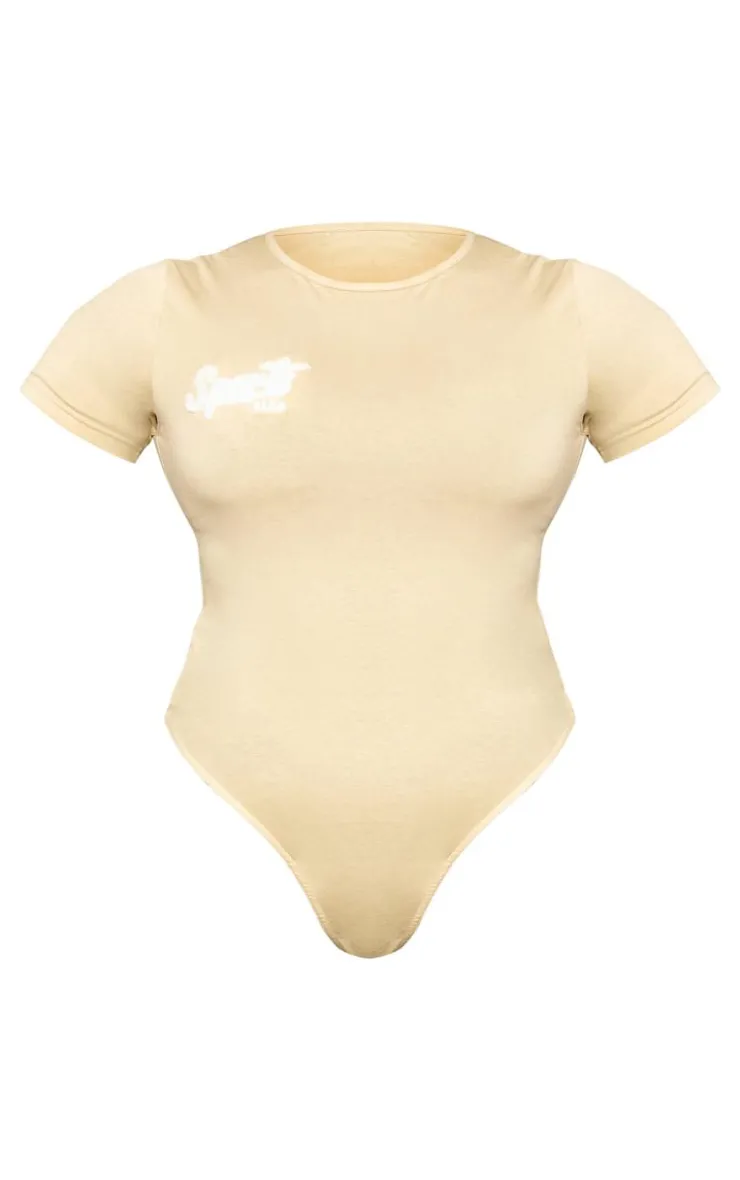 Online PrettyLittleThing Plus Borg Printed Short Sleeve Bodysuit Sand