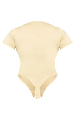 Online PrettyLittleThing Plus Borg Printed Short Sleeve Bodysuit Sand