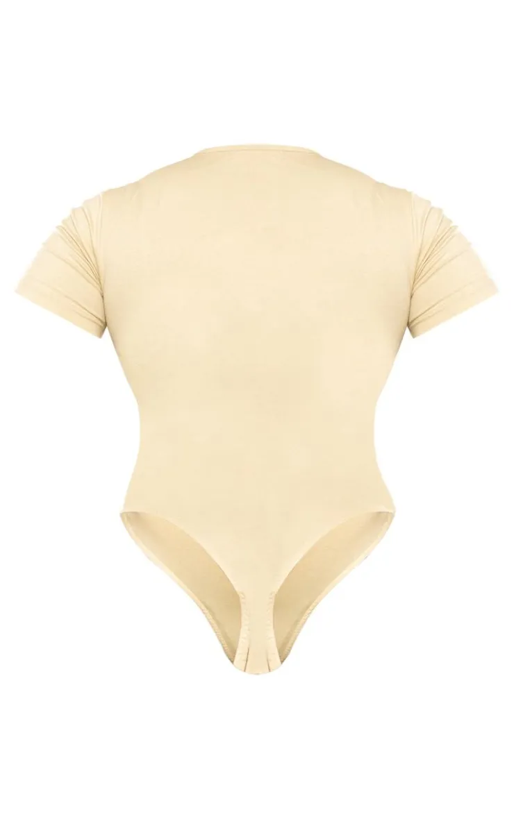 Online PrettyLittleThing Plus Borg Printed Short Sleeve Bodysuit Sand