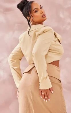 Plus Sand Linen Look Crop Blazer