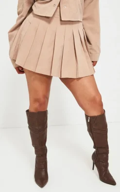 Discount PrettyLittleThing Plus Pleated Belt Loop Detail Mini Skirt Sand
