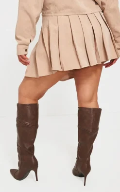 Discount PrettyLittleThing Plus Pleated Belt Loop Detail Mini Skirt Sand