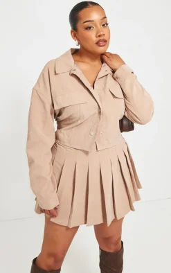Discount PrettyLittleThing Plus Pleated Belt Loop Detail Mini Skirt Sand