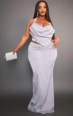 PrettyLittleThing Plus Diamante Chain Trim Maxi Skirt Silver
