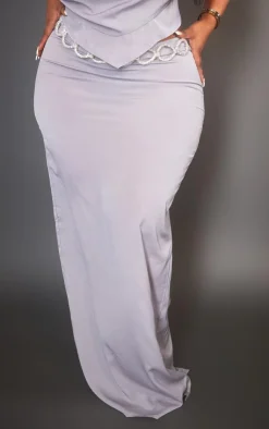 PrettyLittleThing Plus Diamante Chain Trim Maxi Skirt Silver