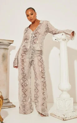 Sale PrettyLittleThing Plus Snake Sequin Wide Leg Pants Silver