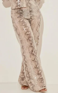 Sale PrettyLittleThing Plus Snake Sequin Wide Leg Pants Silver