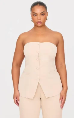 New PrettyLittleThing Plus Button Up Bandeau Vest Stone