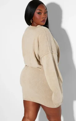 Outlet PrettyLittleThing Plus Distressed Detail Acid Wash Knit Cardigan Stone