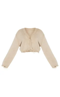 Outlet PrettyLittleThing Plus Distressed Detail Acid Wash Knit Cardigan Stone