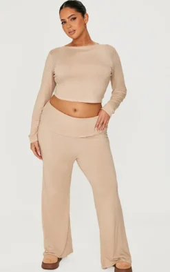 Outlet PrettyLittleThing Plus Fold Over Soft Touch Flared Pants Stone
