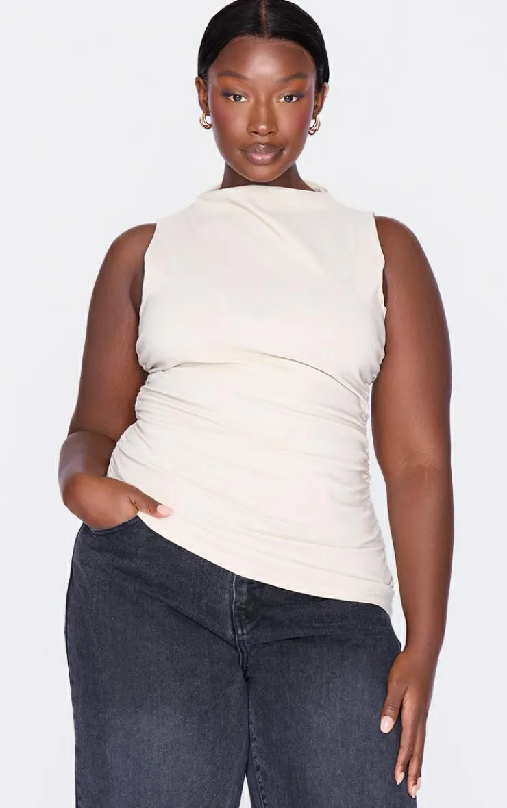 PrettyLittleThing Christmas Day Outfits*Plus High Neck Ruched Asymmetrical Long Top