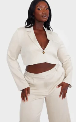 Hot PrettyLittleThing Plus Linen Look Cropped Blazer Stone
