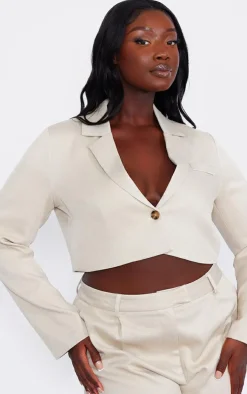 Hot PrettyLittleThing Plus Linen Look Cropped Blazer Stone