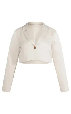 Hot PrettyLittleThing Plus Linen Look Cropped Blazer Stone