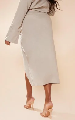 Discount PrettyLittleThing Plus Linen Look Drape Front Midi Skirt Stone
