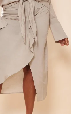 Discount PrettyLittleThing Plus Linen Look Drape Front Midi Skirt Stone