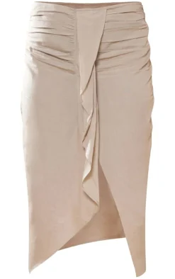 Discount PrettyLittleThing Plus Linen Look Drape Front Midi Skirt Stone