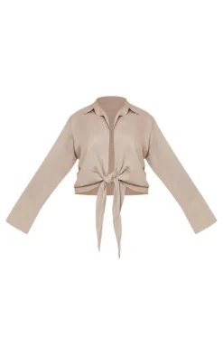 Best PrettyLittleThing Plus Linen Look Oversized Tie Front Shirt Stone