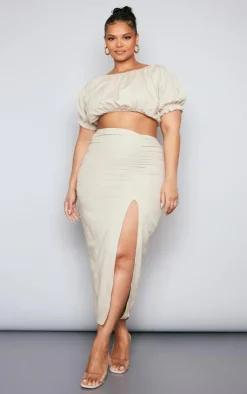 New PrettyLittleThing Plus Linen Look Ruched Side Split Midi Skirt Stone