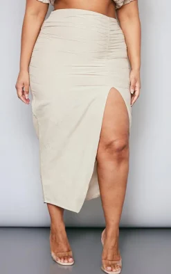 New PrettyLittleThing Plus Linen Look Ruched Side Split Midi Skirt Stone